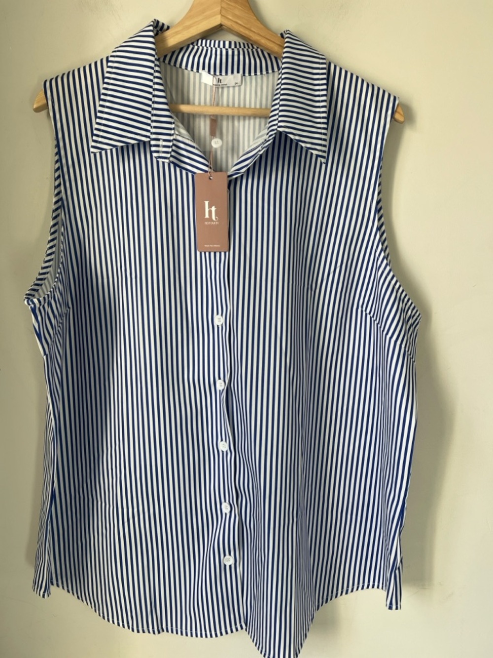 Sleeveless Blue & White Stripe Button-Down Shirt - Picture 6 of 6
